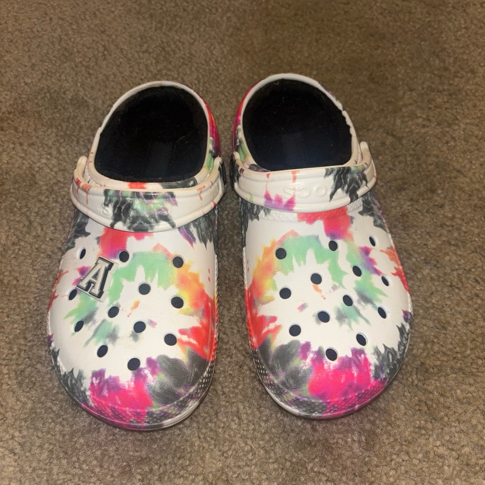 CROCS Kids Tie-Dye Classic Clog - White with Pink, Green, Orange, Purple